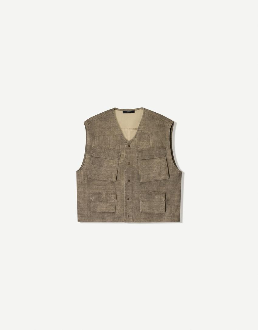 Çok cepli oversize yelek-Koyu gri-4