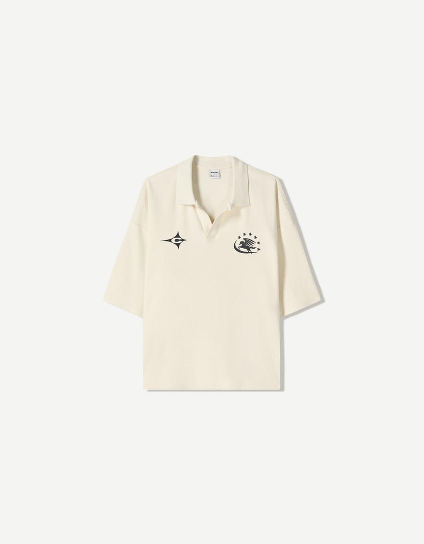 Printed oversize short sleeve polo shirt-Cream