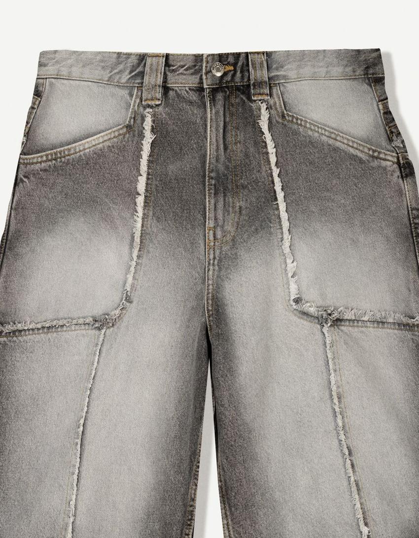 Baggy denim Bermuda shorts with fringing-Grey-2
