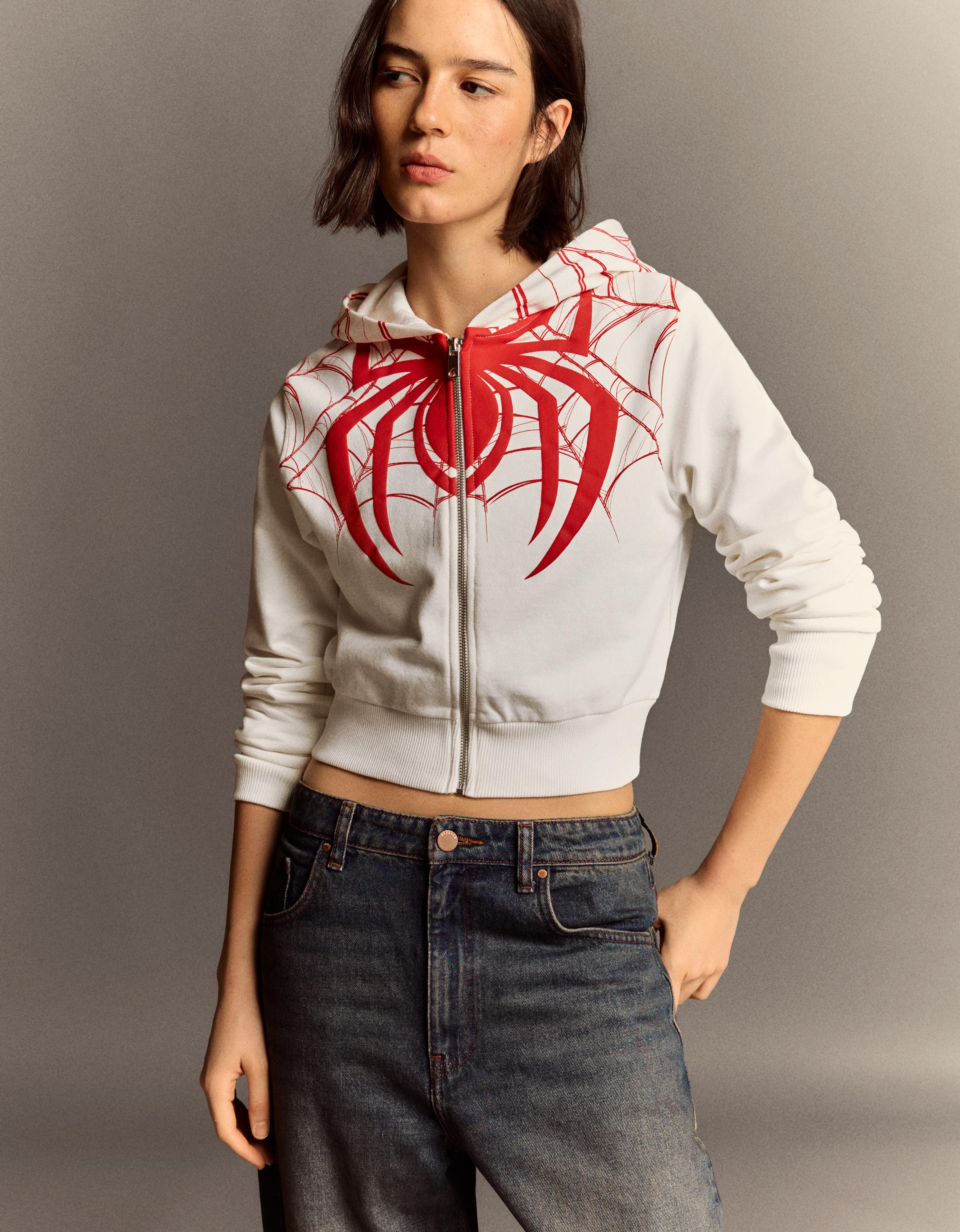 Bershka Bluza Z Kapturem I Nadrukiem Spider-Man Kobieta Biały Złamany