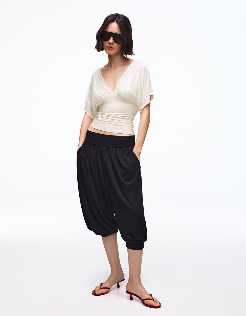 Ruched V-neck T-shirt-White