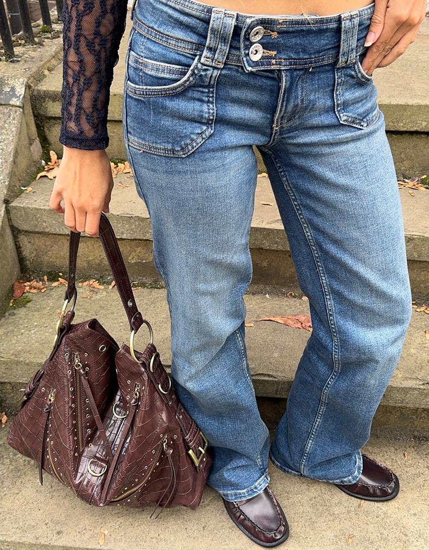 Flared jeans with embroidered pockets-Blue