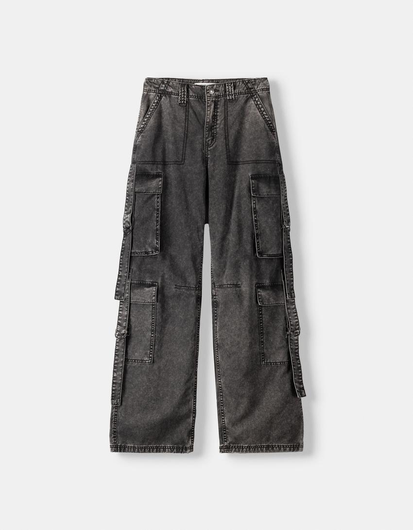 Cotton cargo trousers with straps-Grey