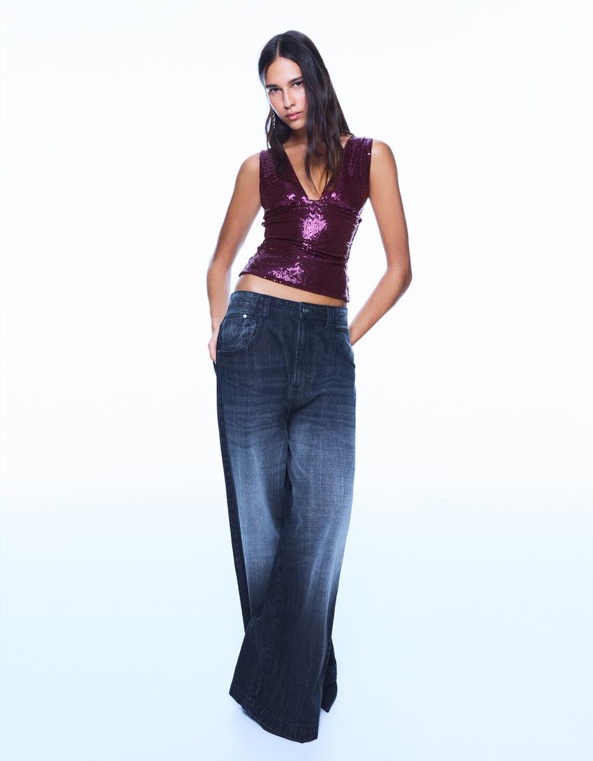 Top ajustado com franzidos e brilho-Multicolor