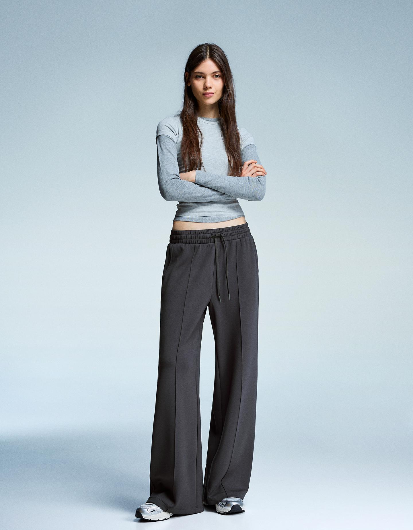 Bershka Pantalón Wide Leg Soft Touch Mujer M Gris