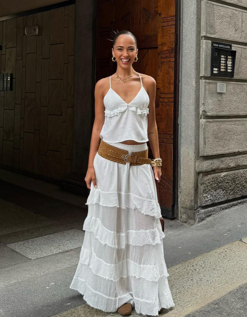 Ruffled maxi skirt-Cream