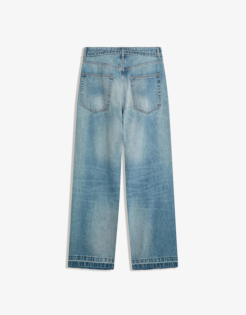 Kemerli baggy fit jean-Açık mavi-1