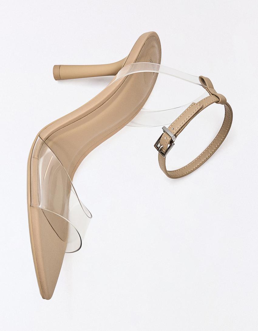 Vinil detaylı topuklu sandalet-Transparan