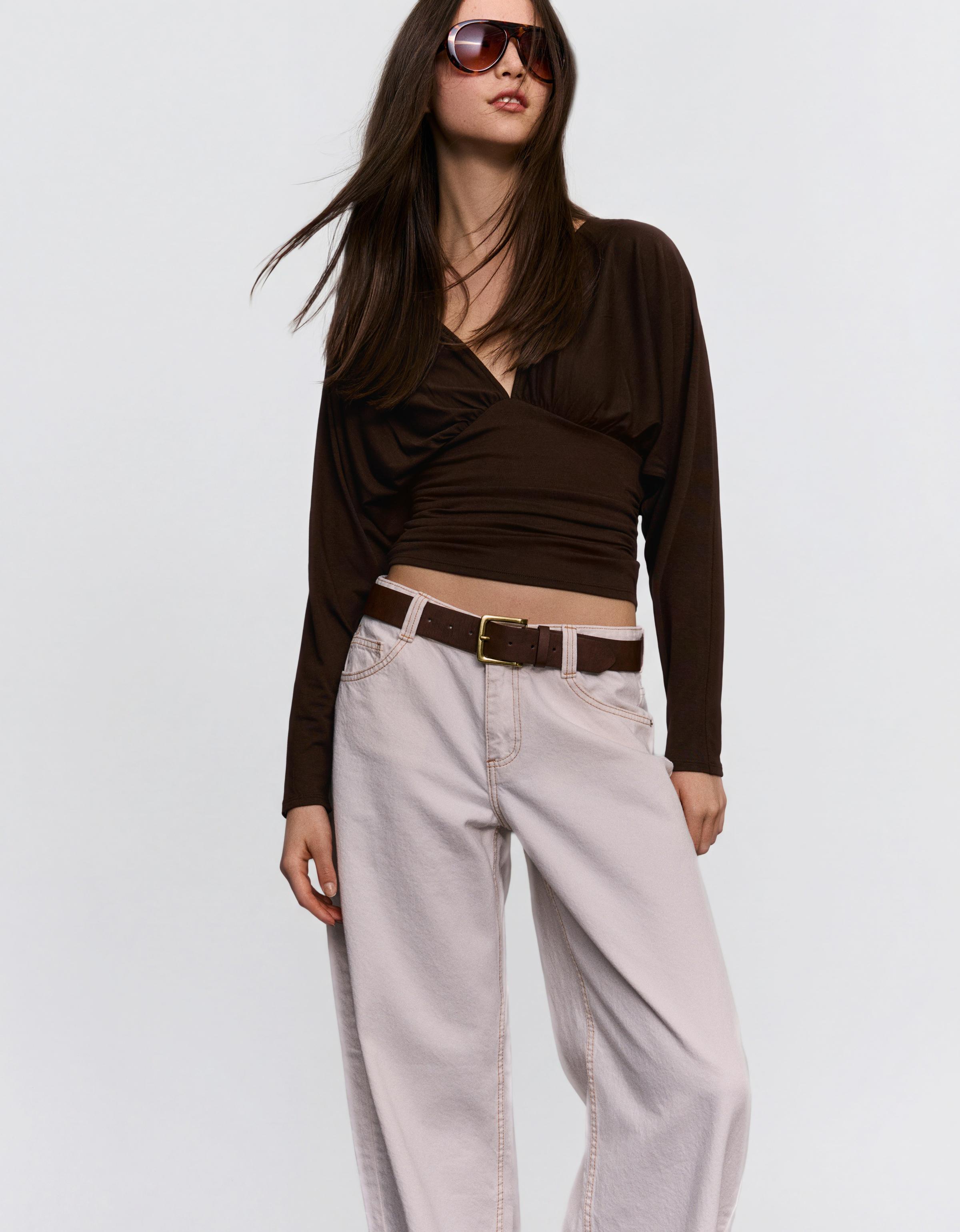 Long-sleeve ruched T-shirt — Brown