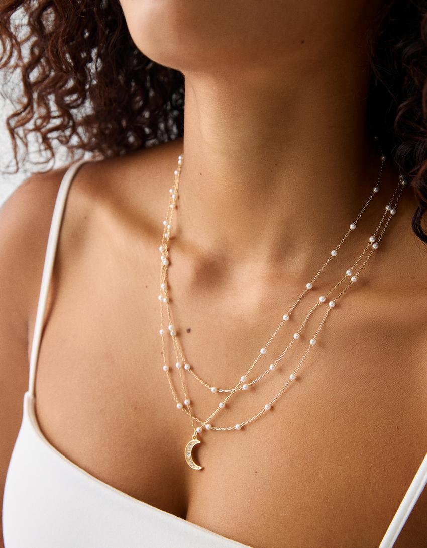 Collier long pierres fantaisie pendentif lune-Jaune-1