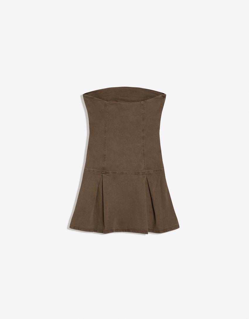 Off-the-shoulder mini dress with buttons-Brown