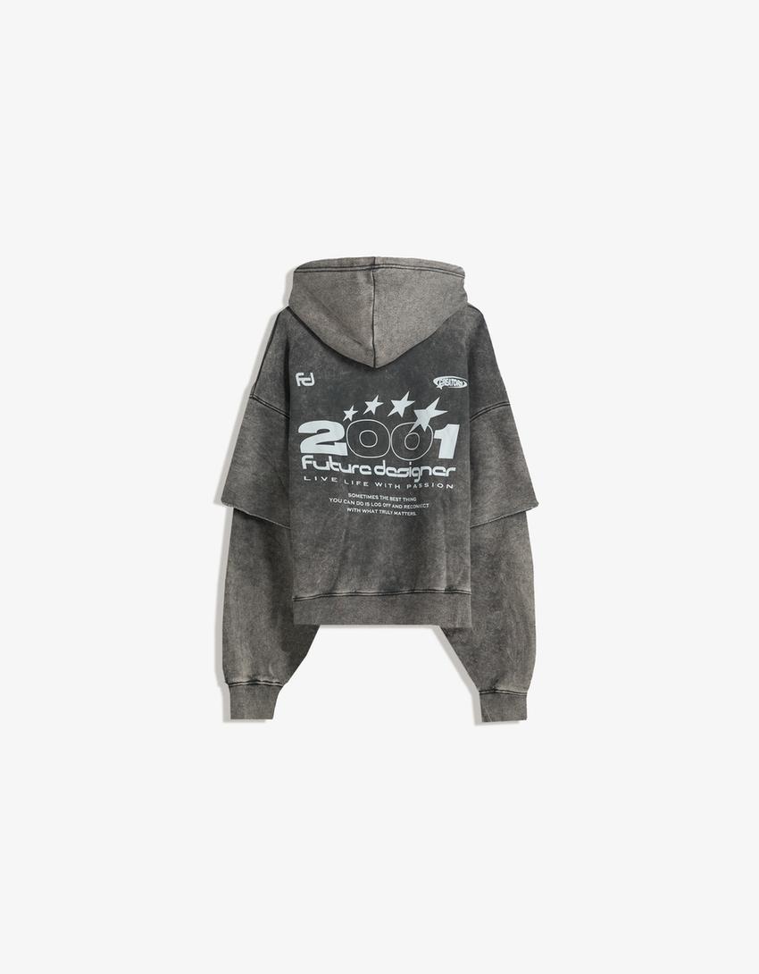 Double-sleeve print hoodie-Grey-5