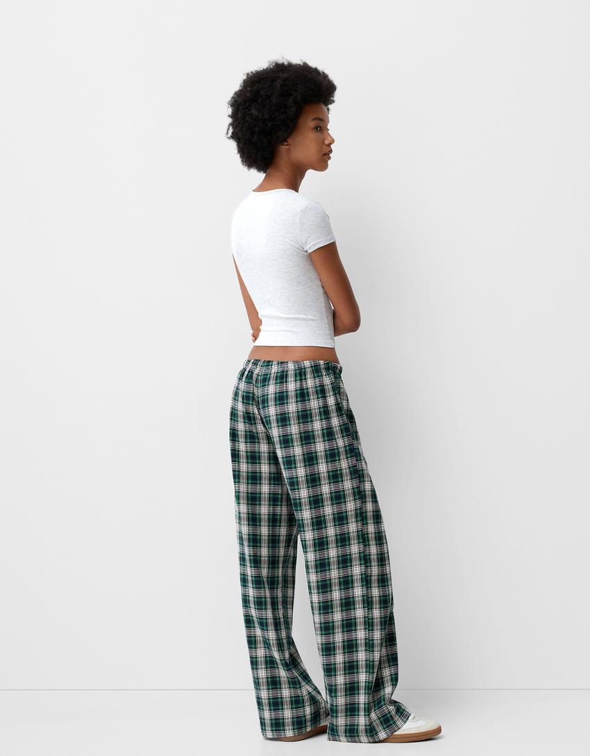 سروال بقصة مستقيمة ونقشة مربعات-أخضر-2