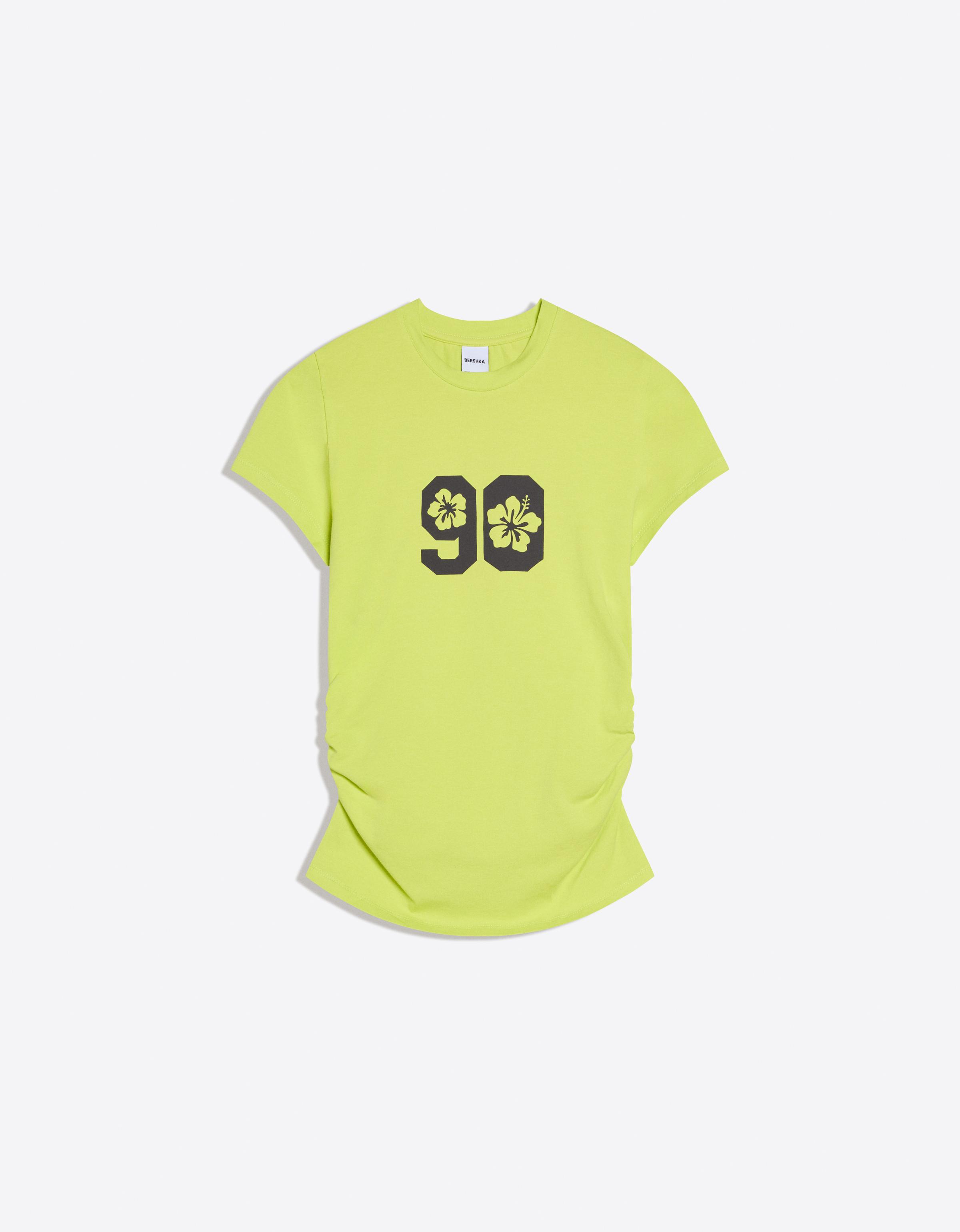 Camiseta Manga Corta Frunce Print Mujer L Amarillo