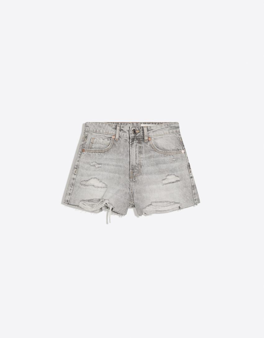 Ripped denim shorts-Dark grey