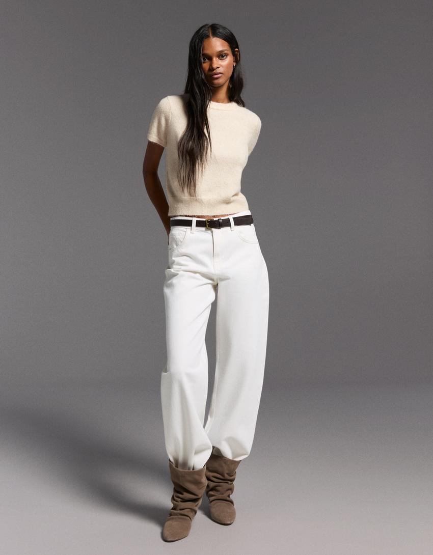 Short sleeve crew neck sweater-Cream