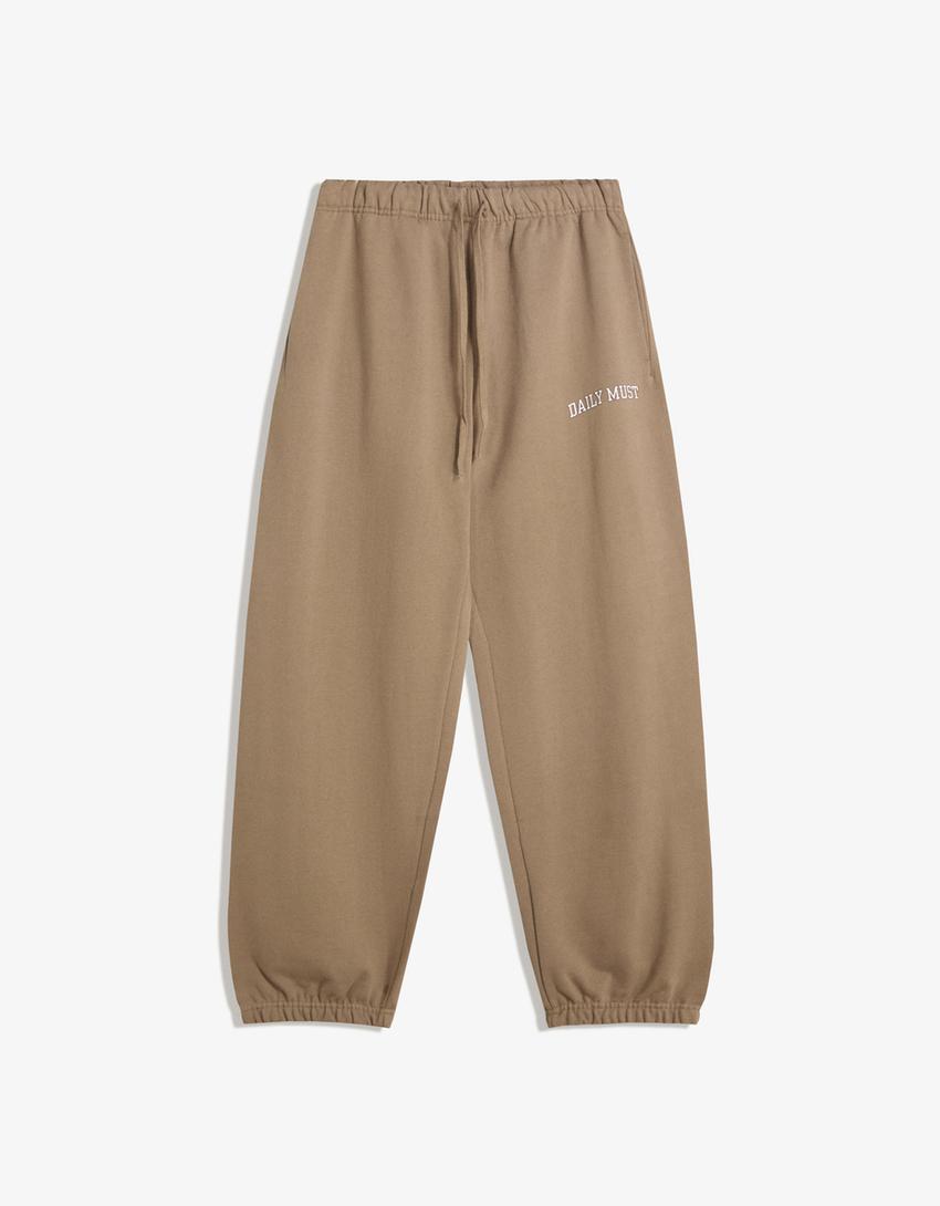 Pantaloni jogger flaușați broderie-Camel