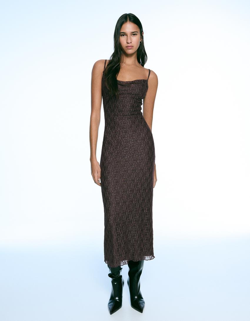 Lace midi strappy dress-Brown