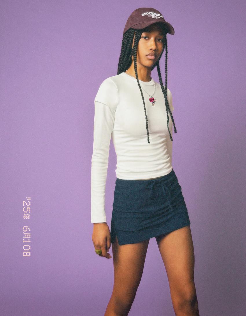 Skort with tie waistband-Navy-0