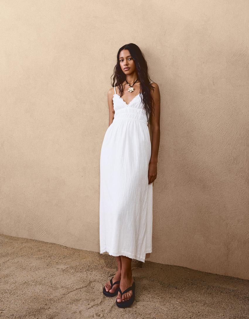 Robe midi rustique volants-Blanc-0