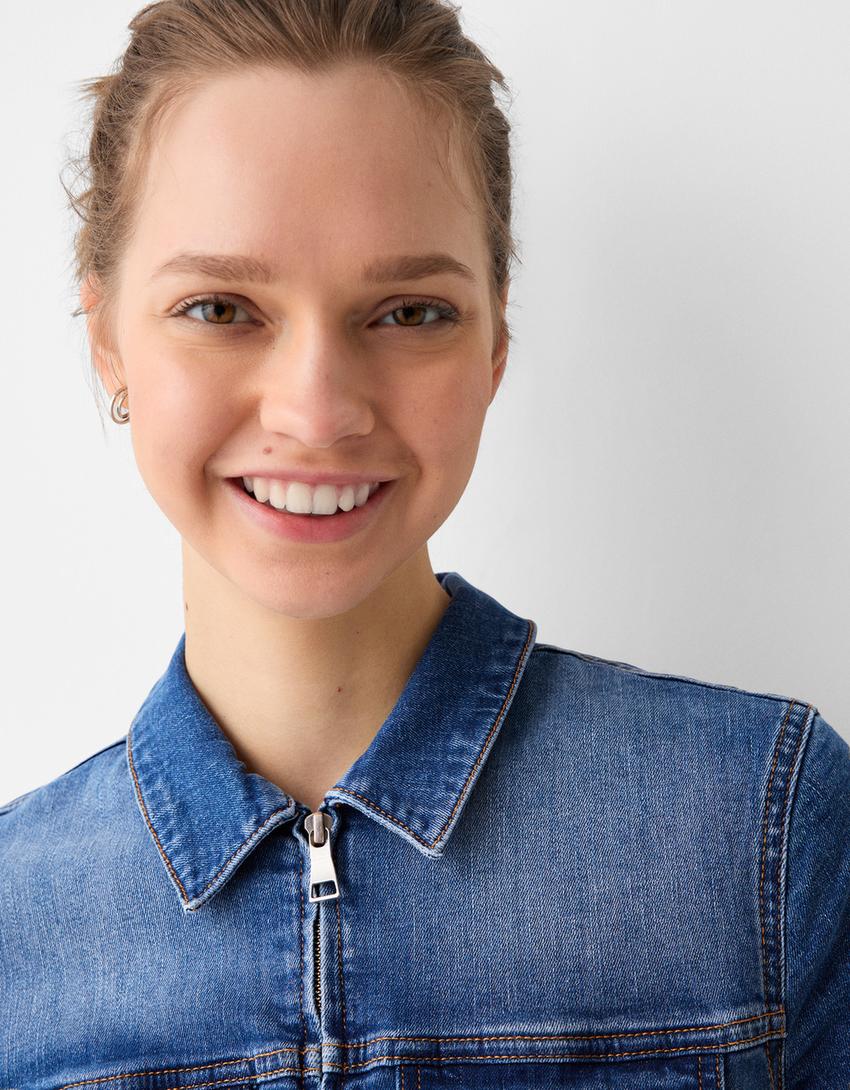 Short sleeve denim jumpsuit-Blue-3