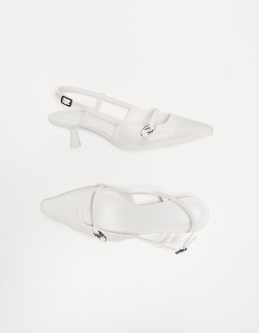 حذاء بكعب قطة وإبزيم-أبيض