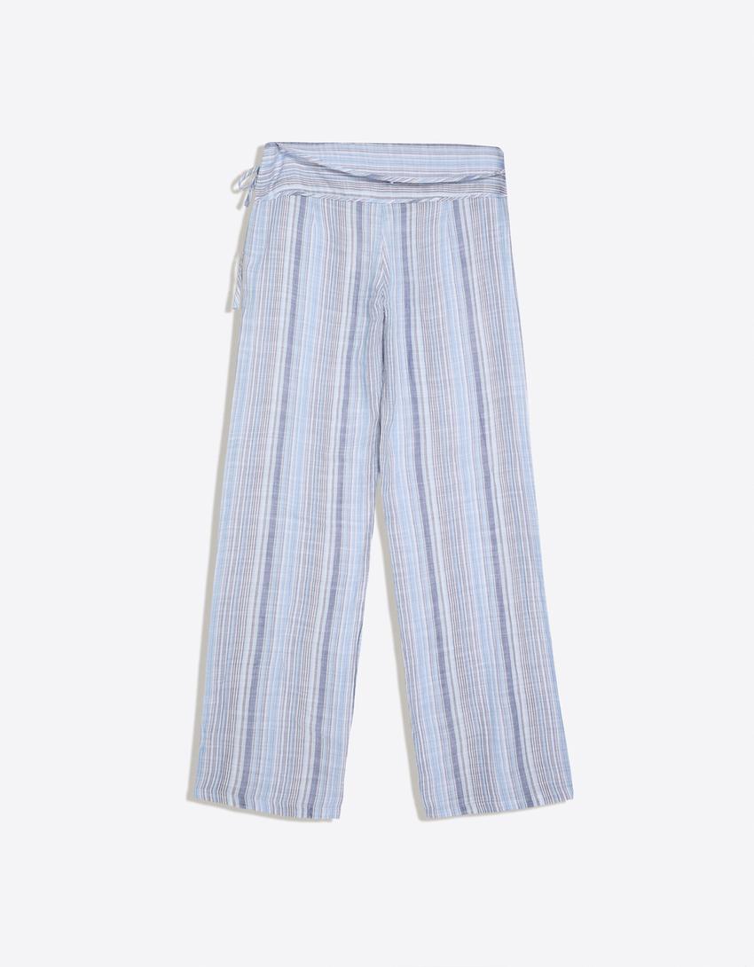 Pantalón con lino rayas-Azul lavado