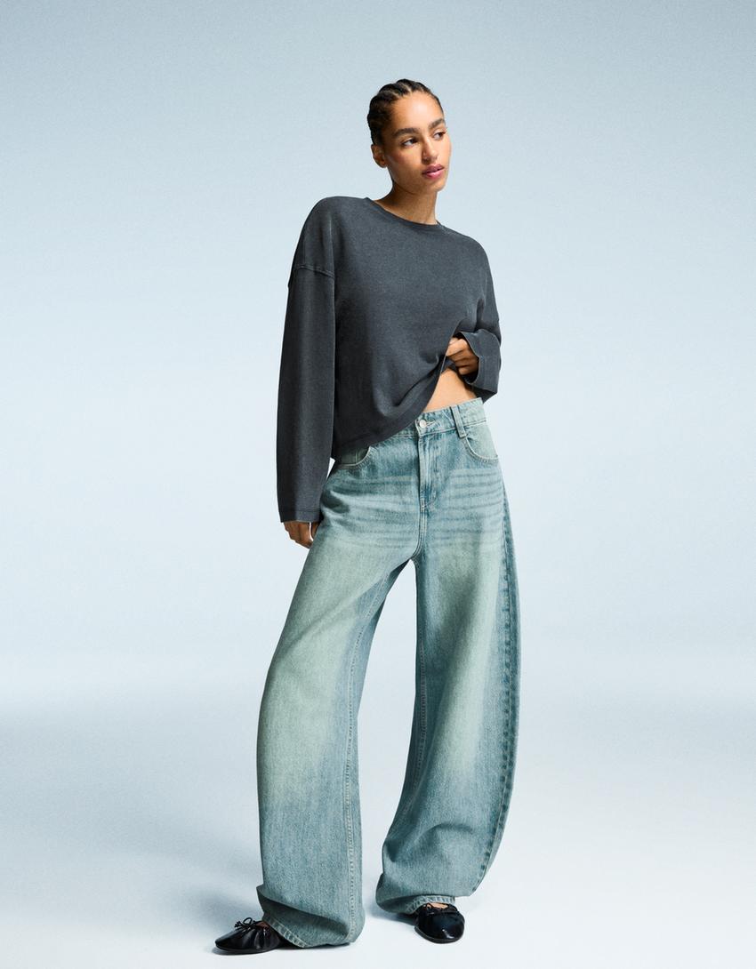 Jeansy wide leg barrel-Wyblakły niebieski-0