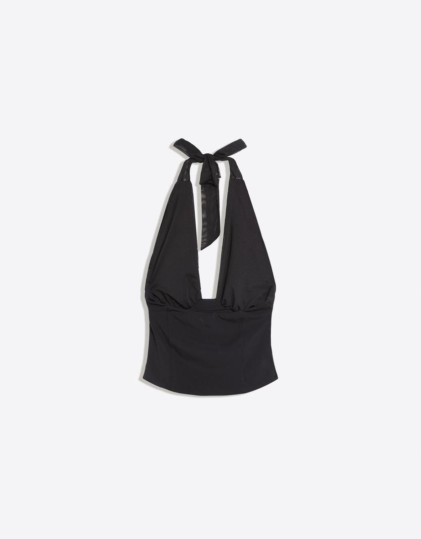 Combined tulle corset top with corset top-Black