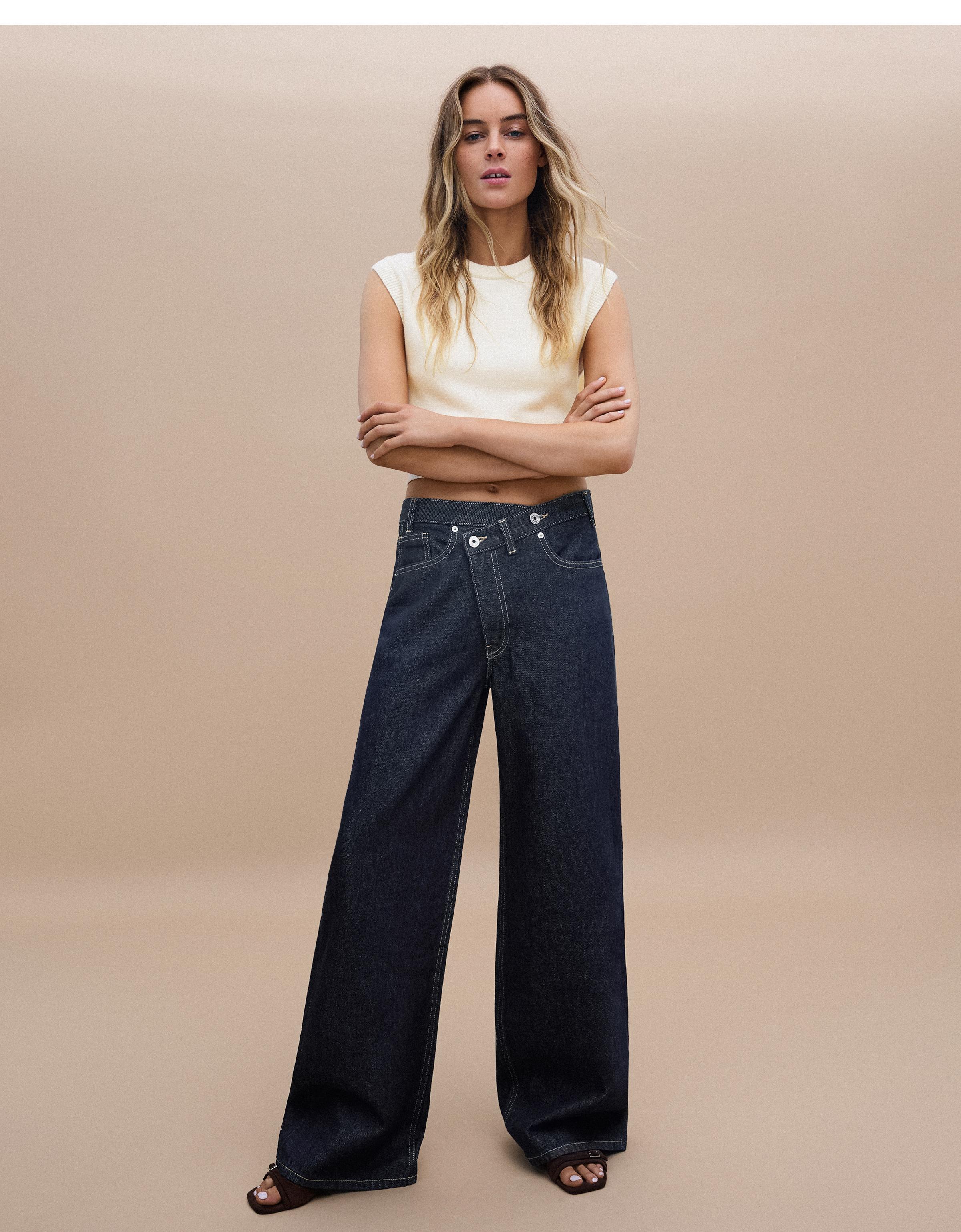 Wide-leg cross-waist jeans — Navy