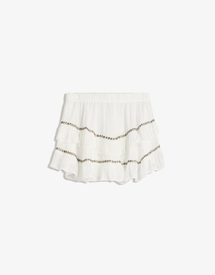 Ruffled mini skirt with studs-White