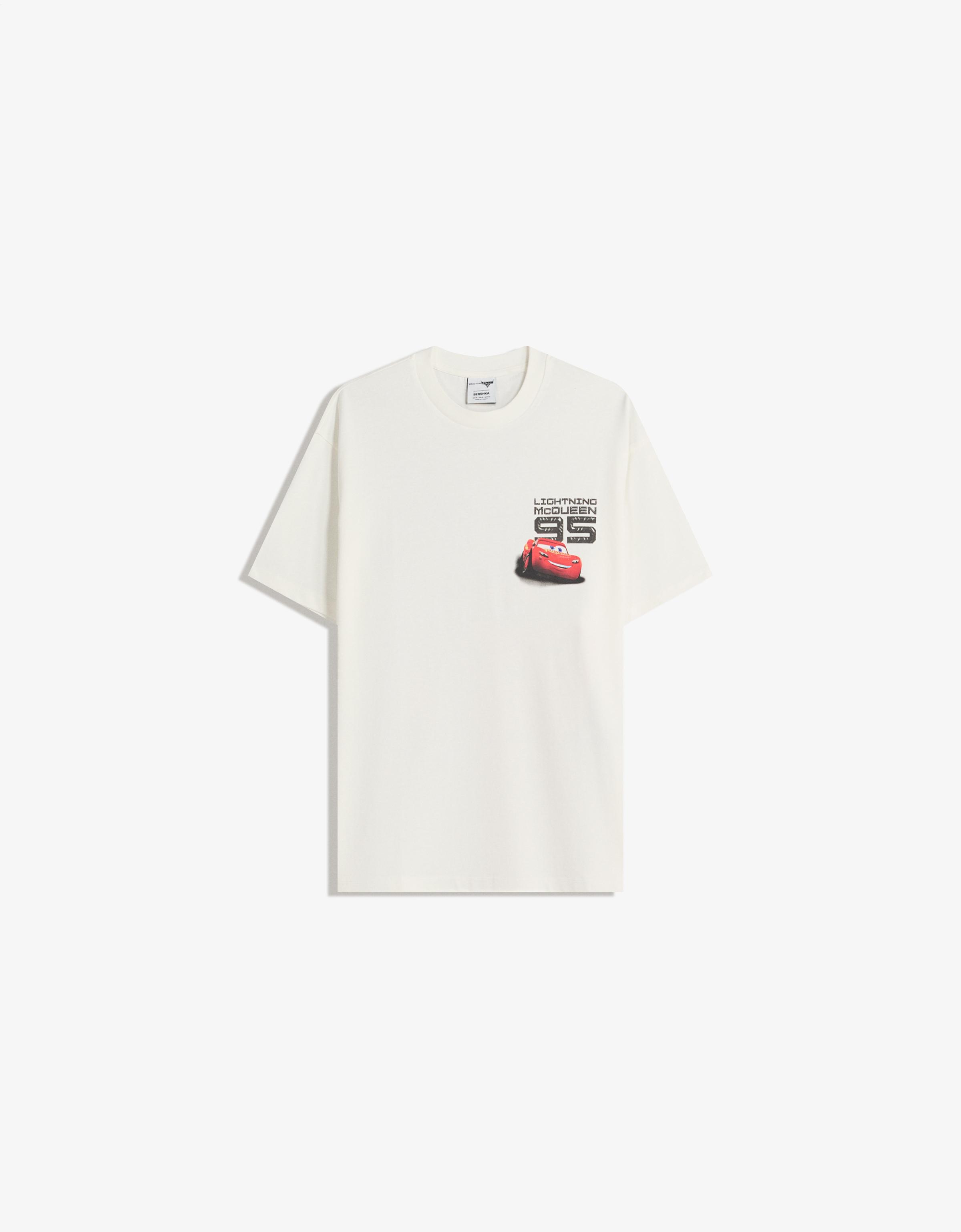 Bershka T-Shirt Mit Kurzen Ärmeln Und Cars Print Herren Xxs Weiss