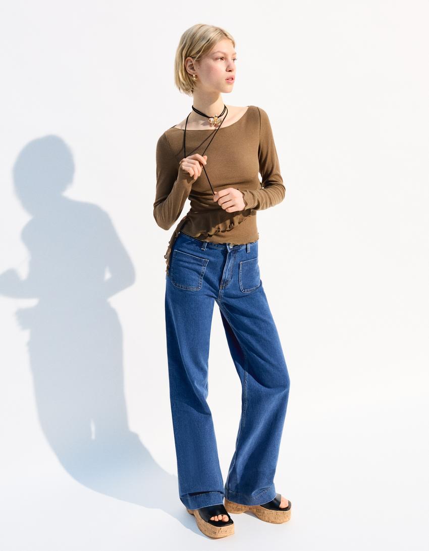 Tricou cu mânecă lungă cu volane-Kaki-1
