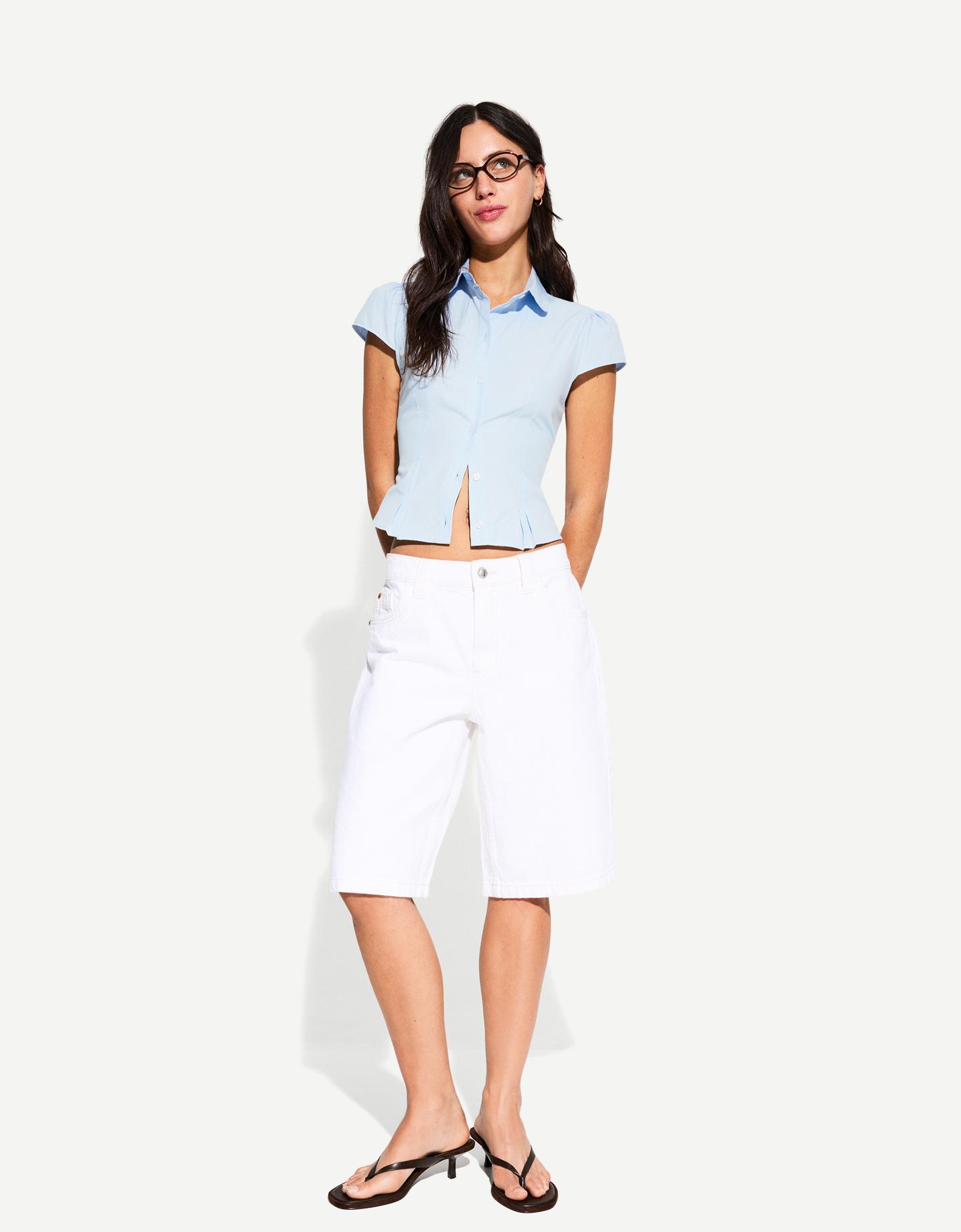 Bershka Camisa Manga Corta Cuello Bobo Mujer Xs Azul