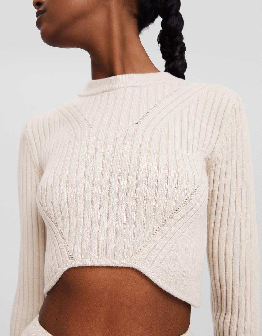 Ribbed knit cropped sweater-Grey-2