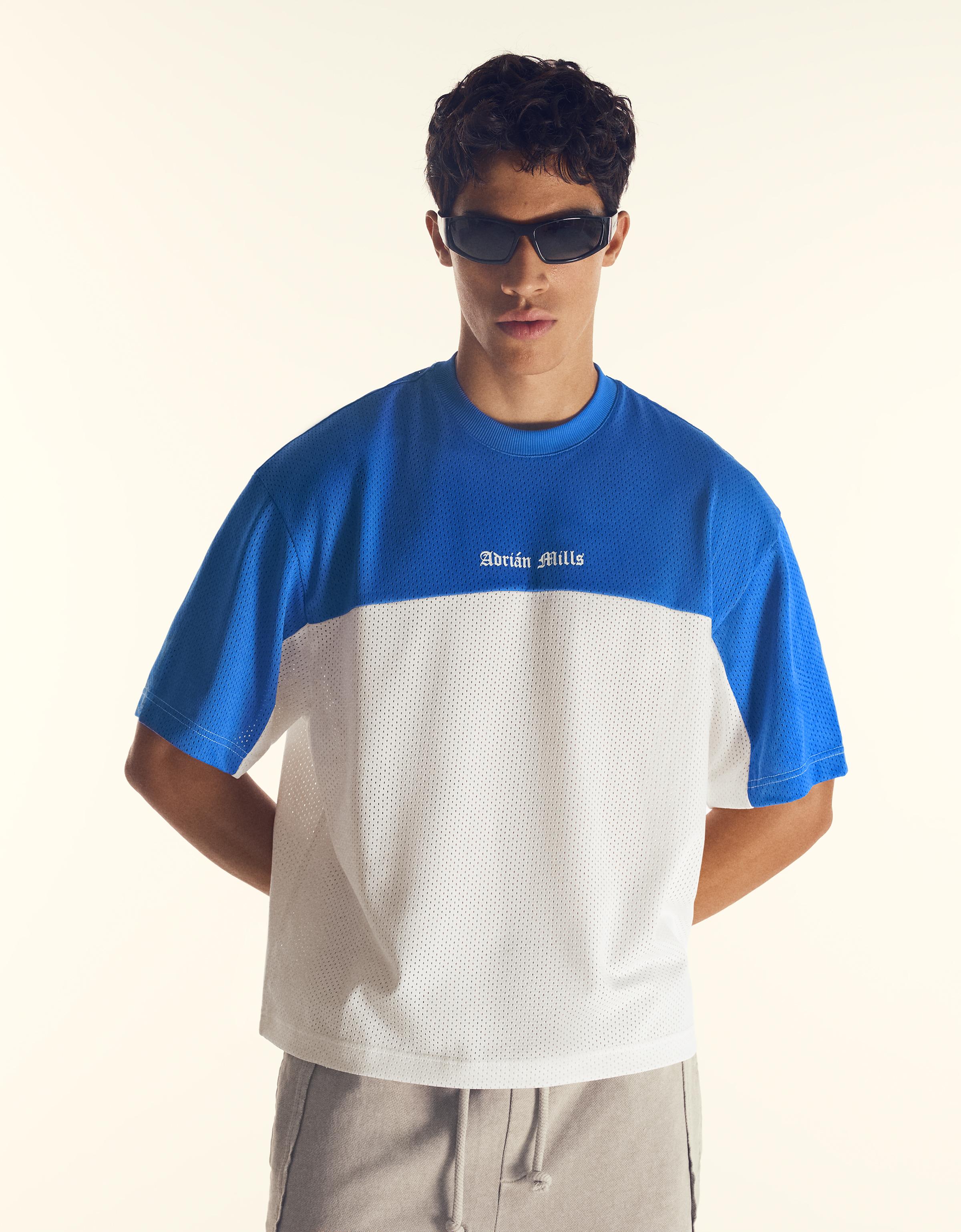 Bershka Camiseta Manga Corta Mesh Adrián Mills Hombre Azul