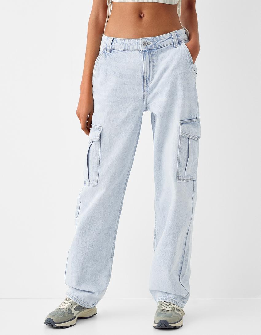 بنطال جينز كارغو بقصّة مستقيمة-أزرق فاتح-1