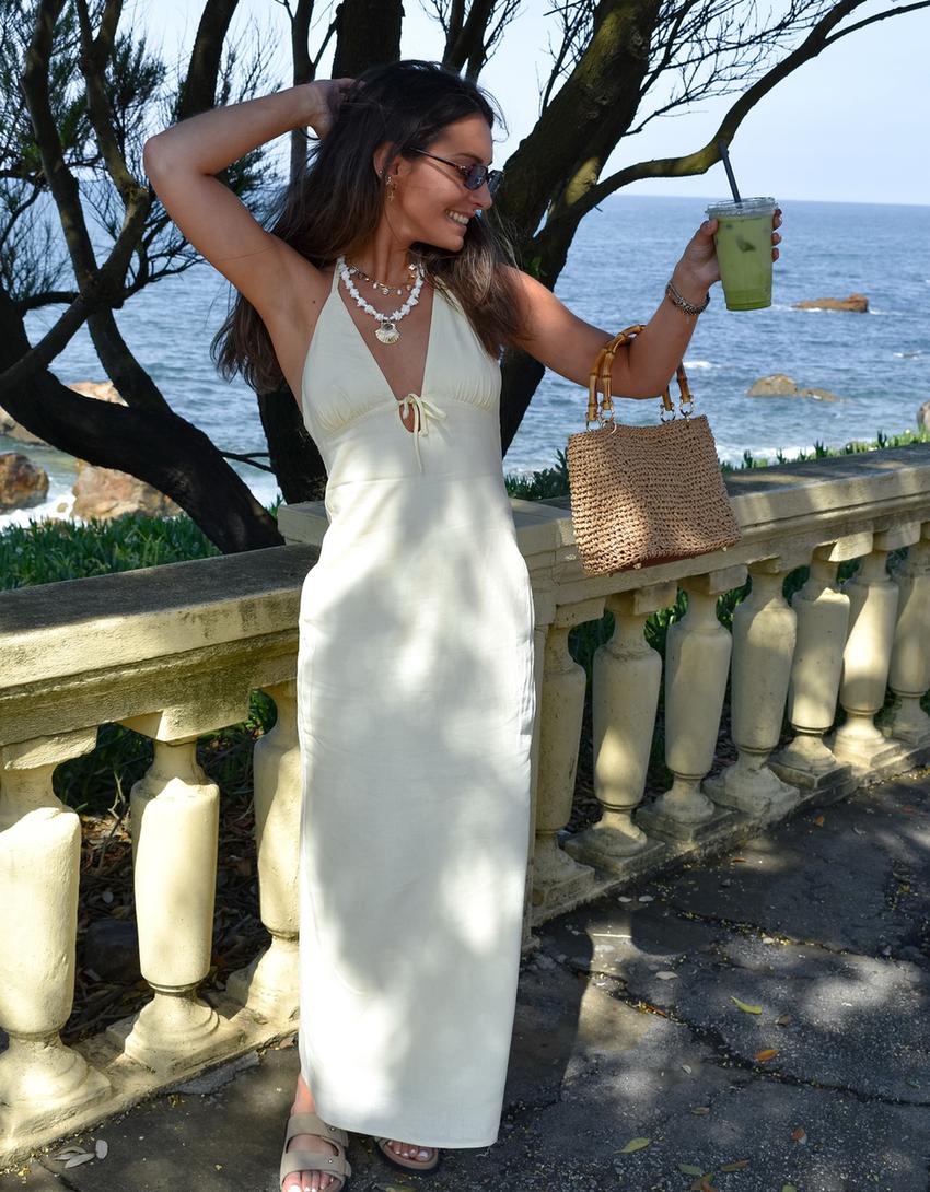 Vestido midi halter de laçada com linho-Amarelo-3