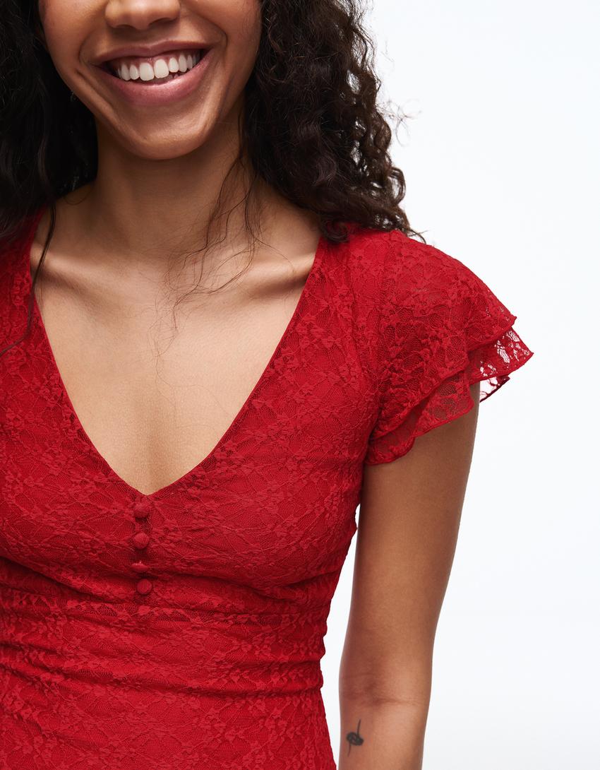 Robe midi en dentelle-Rouge