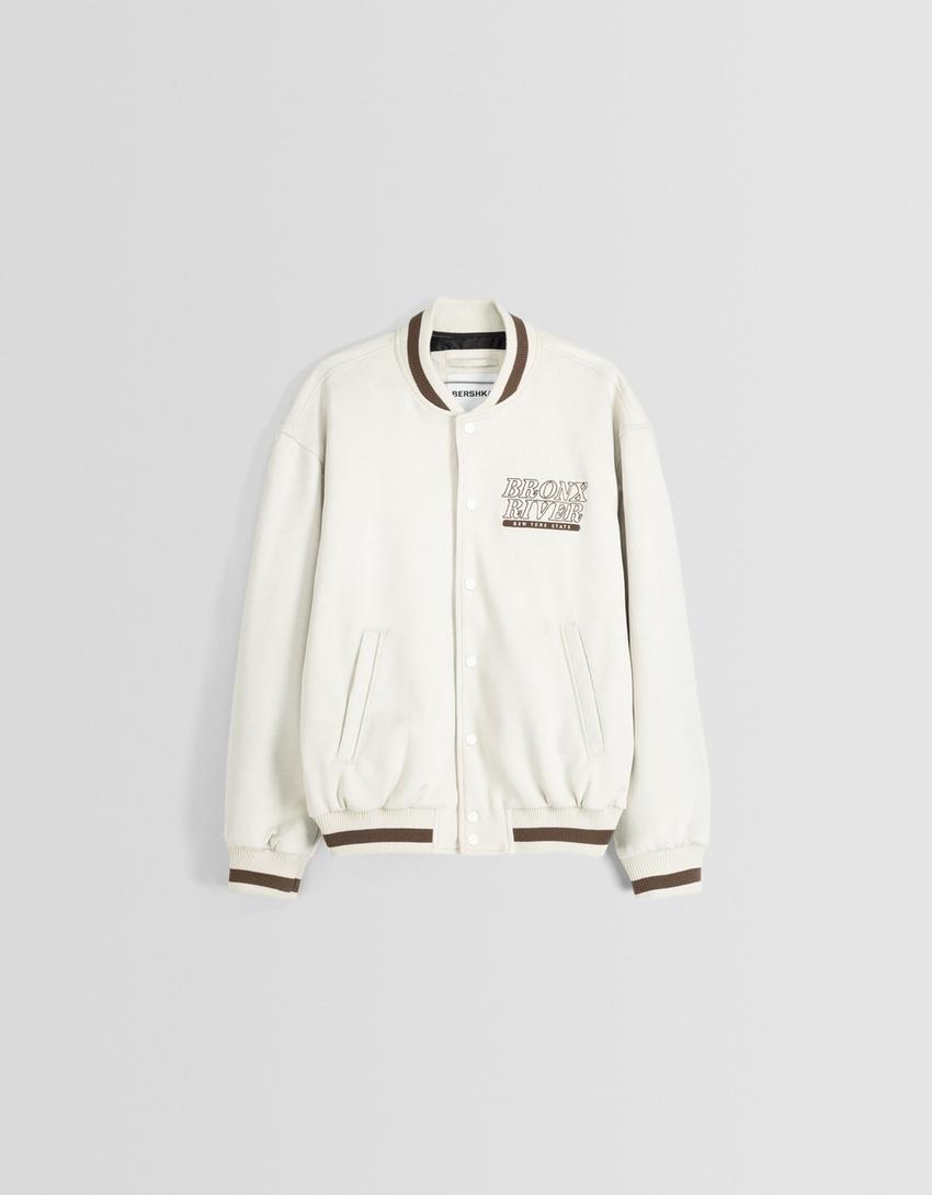 Faux suede embroidered bomber jacket-Stone