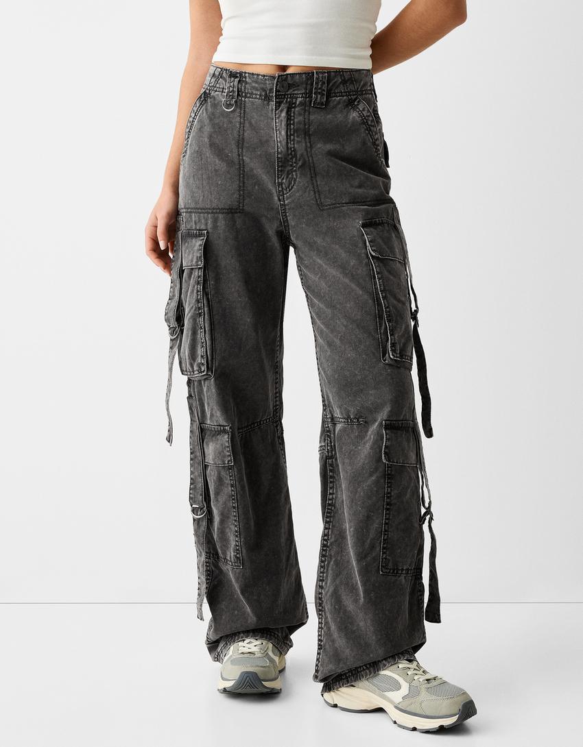 Cotton cargo trousers with straps-Grey