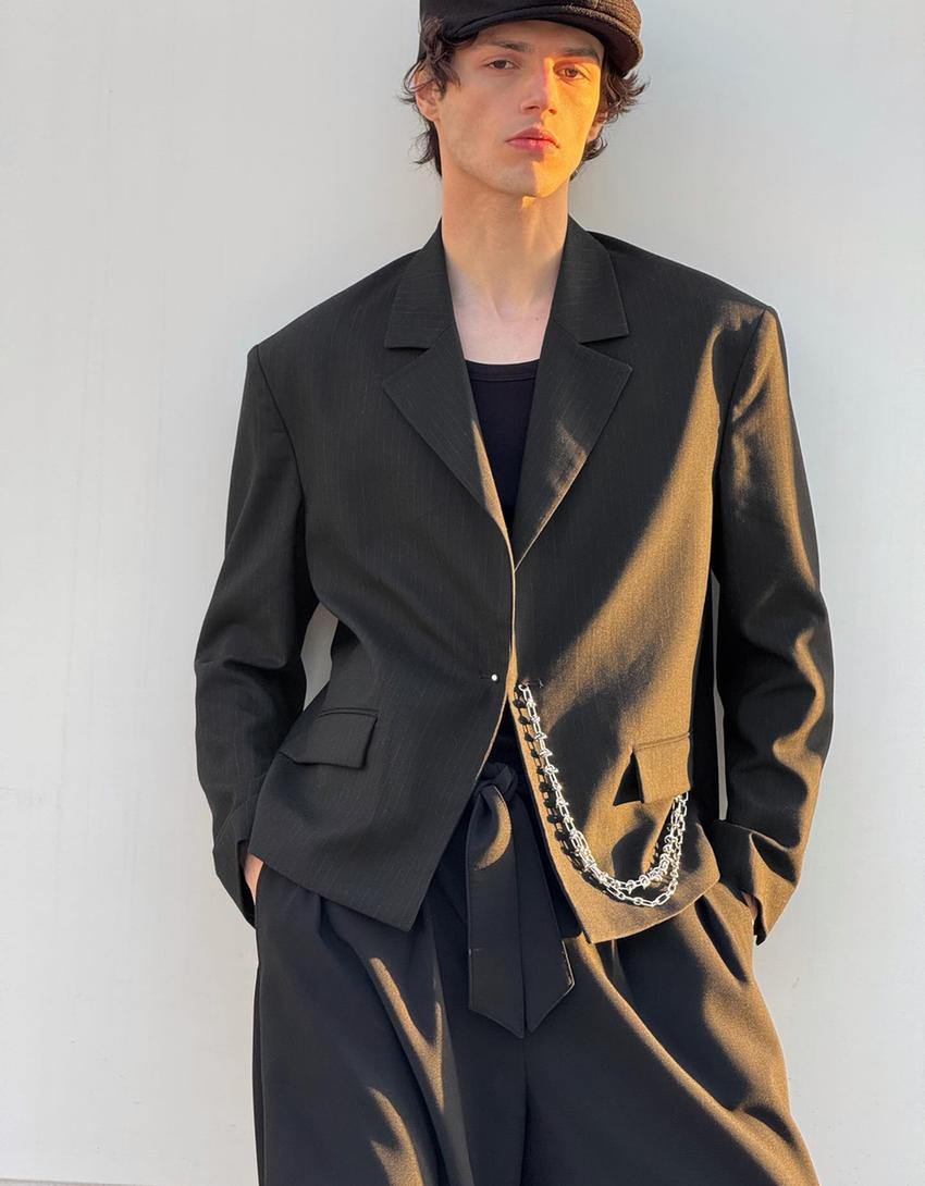 Blazer tailored fit cu lanț-Negru