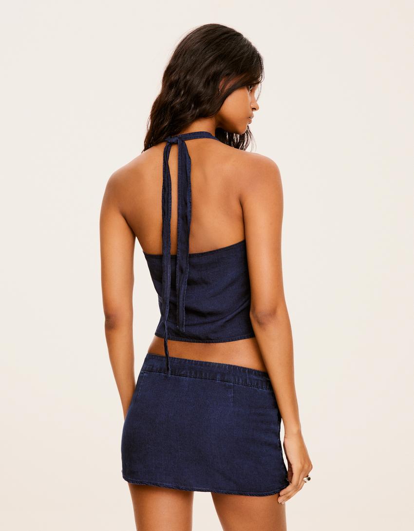 Conjunto top halter e saia jeans-Conjunto top halter e saia jeans