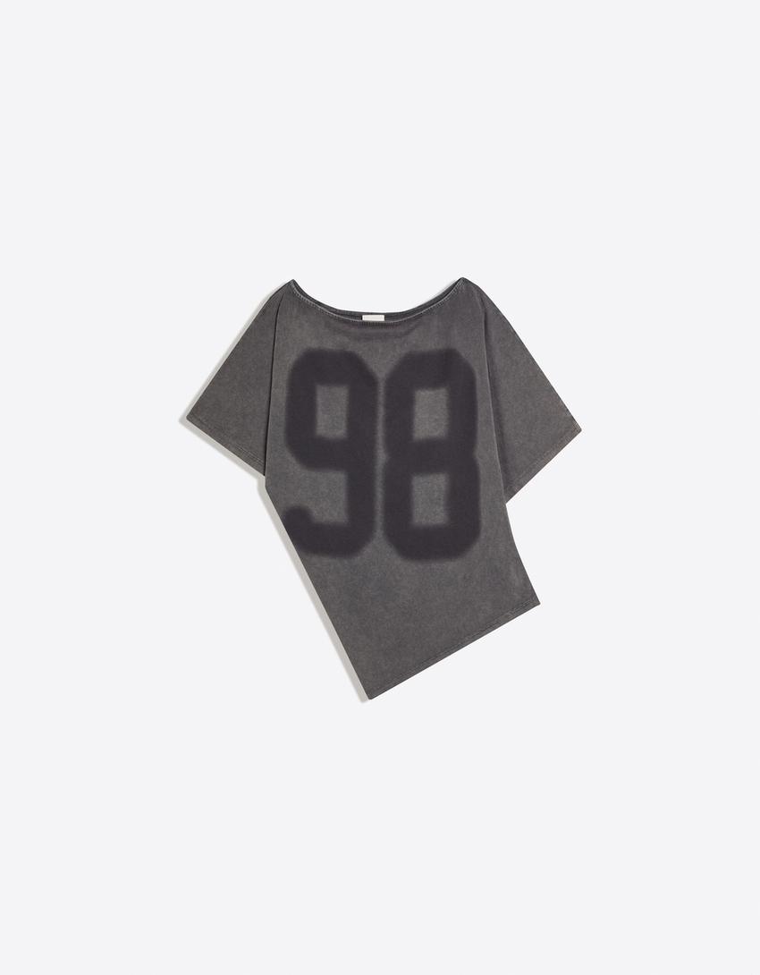 Asymmetric print T-shirt-Dark grey