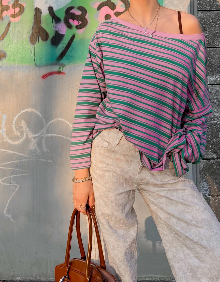 Langarmshirt mit asymmetrischem Kragen und Print-Rosa