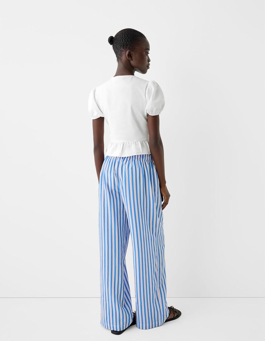 قميص بوبلين بأكمام قصيرة وربطة في الأمام-أبيض مطفي-1