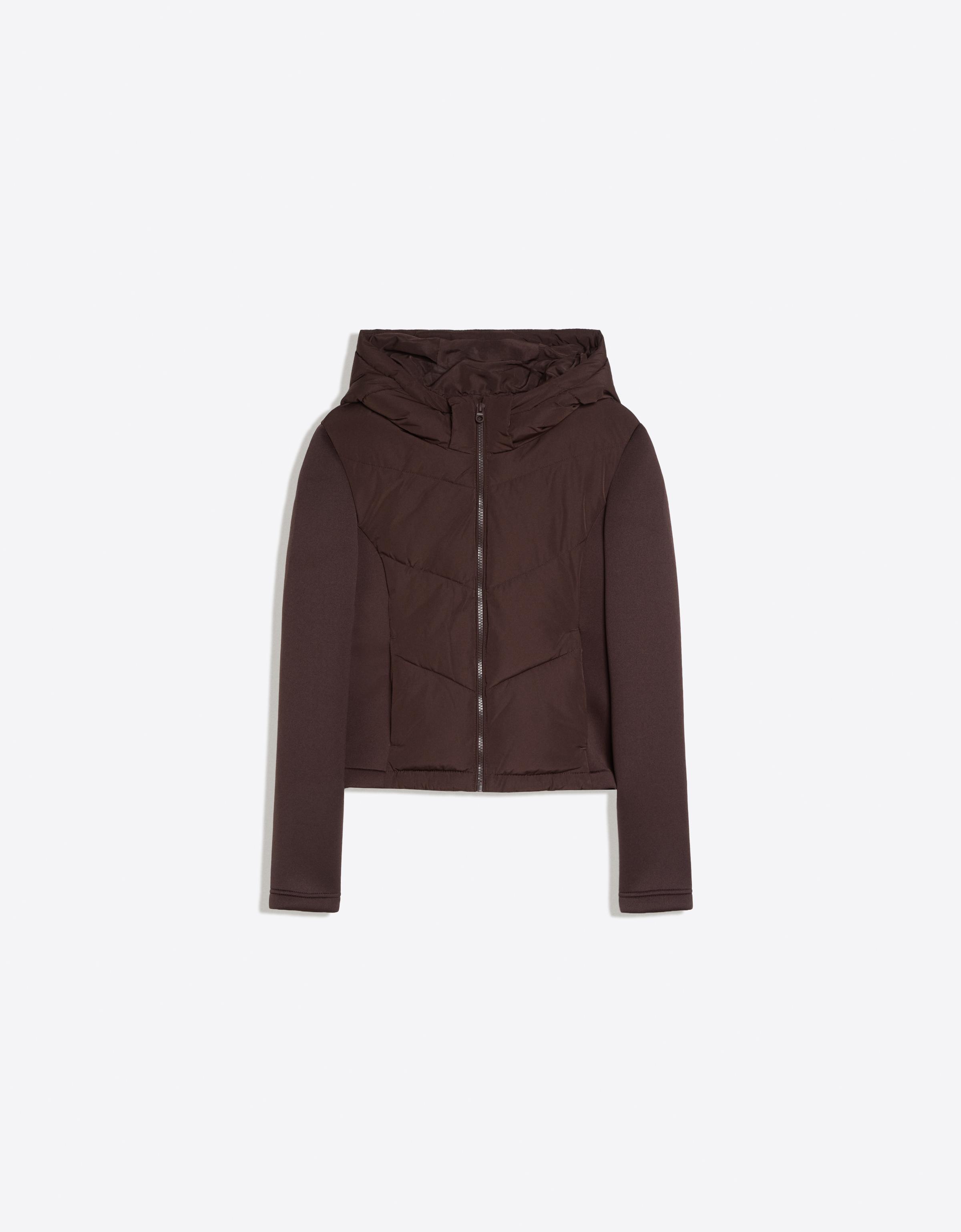 Hooded scuba-fabric mix jacket — Brown