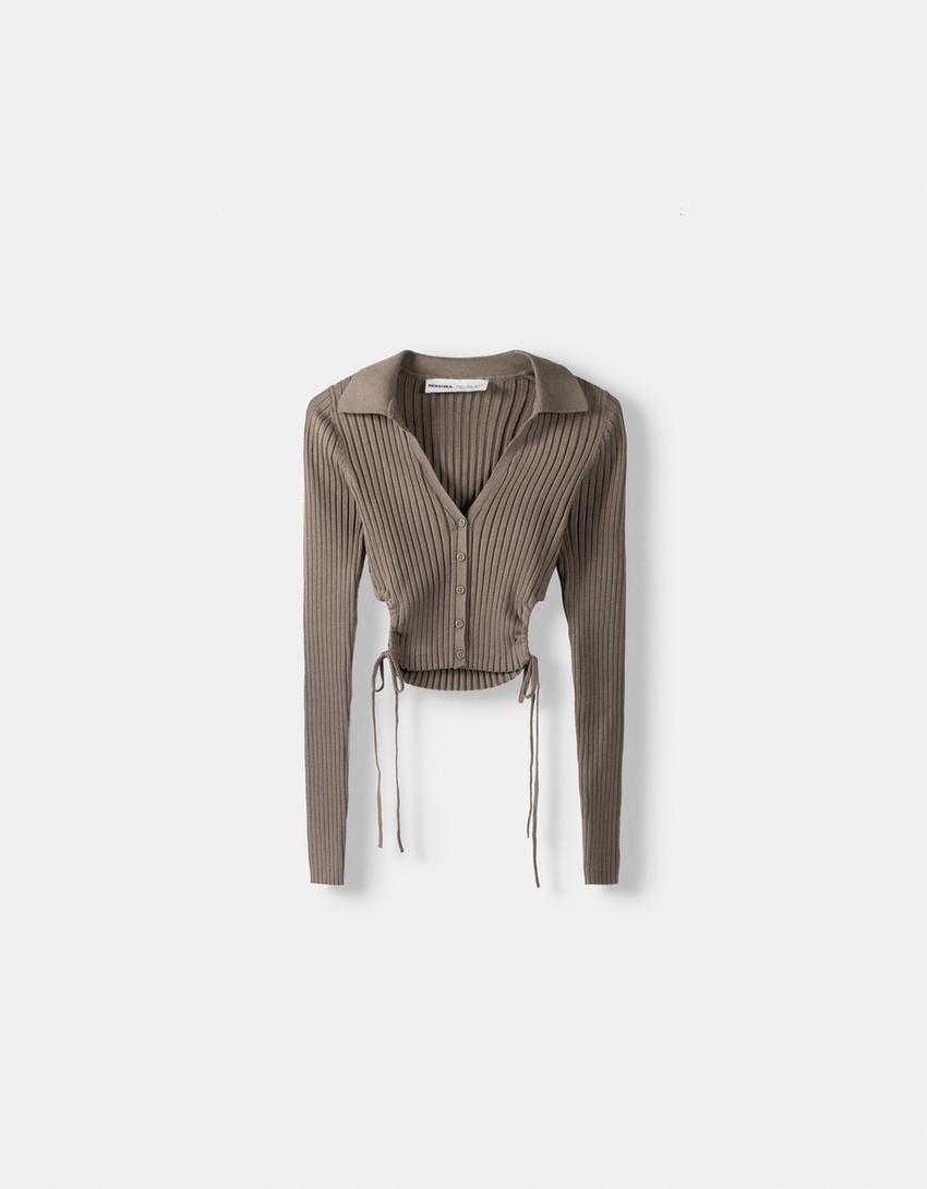 Polo collar cardigan with buttons and gathered side-Sand-4