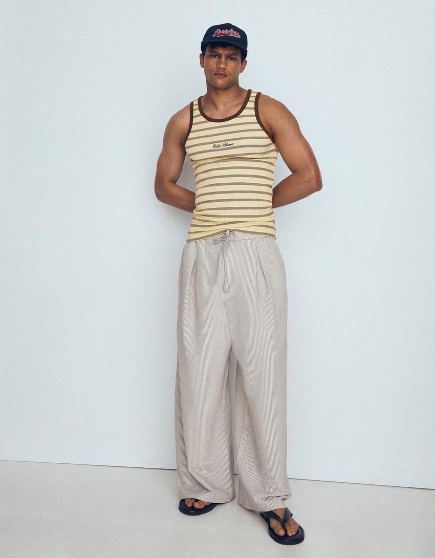Ribbed striped contrast strappy T-shirt-Yellow