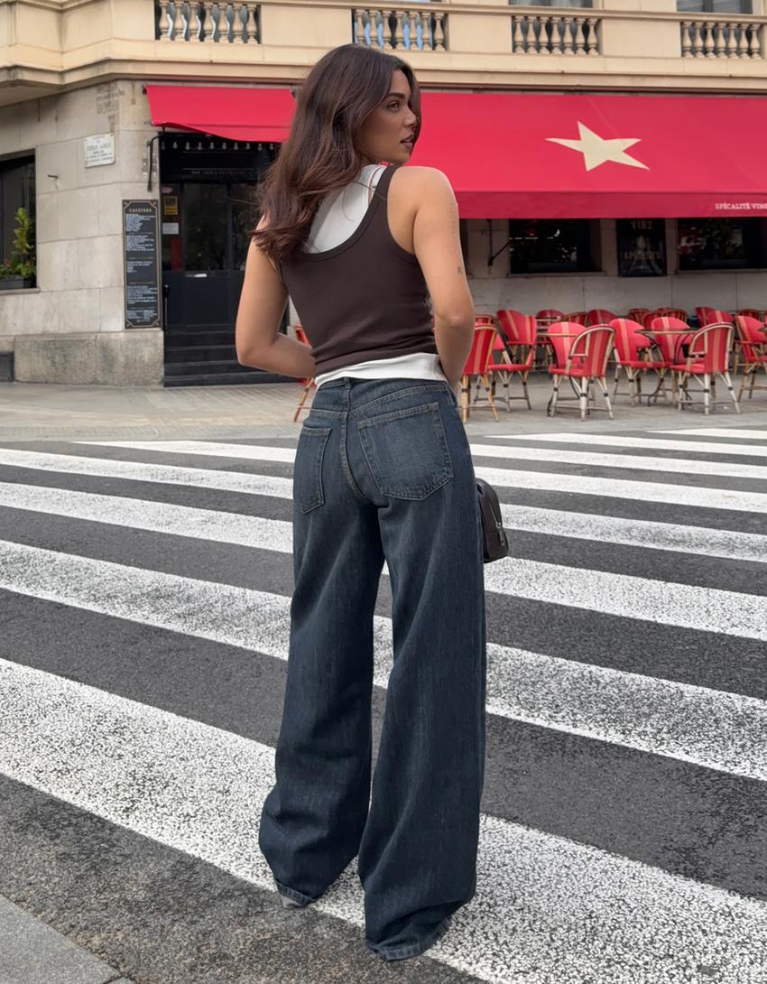 Jeans wide leg tiro alto cintura cruzada-Azul